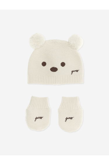 Guess Baby Pom Pom Hat and Mittens Set in Ivory