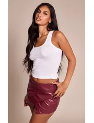 Burgundy Faux Leather Wrap Mini Skirt - 1
