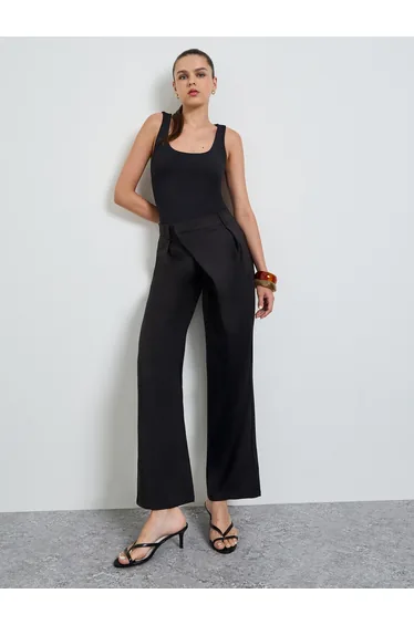 Black Asymmetric Pleated Wide-Leg pants