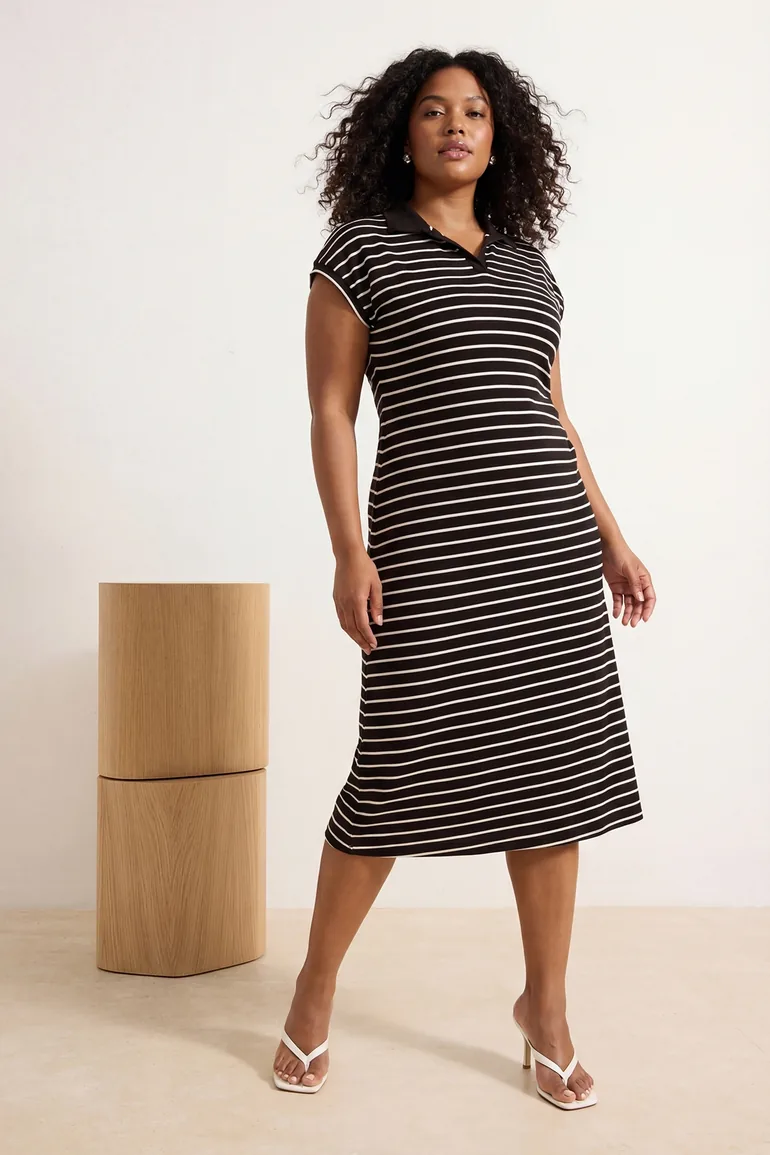Black Striped Polo Neck A-Line Midi Knitted Plus Size Dress - 4