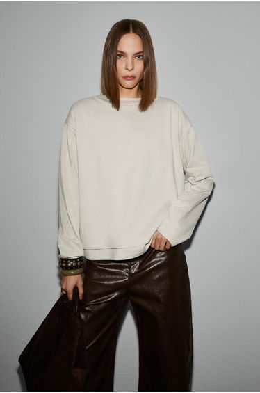 GRIMELANGE LIORE Women's Organic Cotton Round Neck Double Layer Oversized Stone Color T-Shirt product thumbnail 4