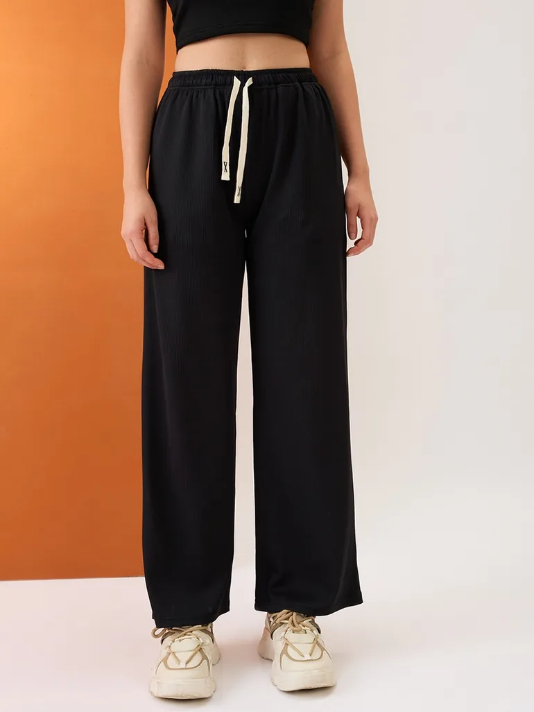 Black Mid-Rise Stretchable Straight Fit Trousers - 1