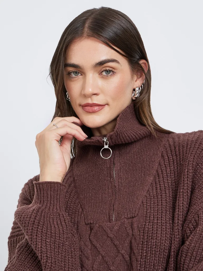 Coffee Brown Cable Knit Half-Zip Sweater - 2