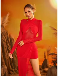 Cypress Draped Split Mesh Maxi Dress In Red - 3