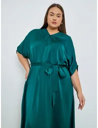 Plus Size Matte Satin Maxi Dress with Tie-Belt - 2