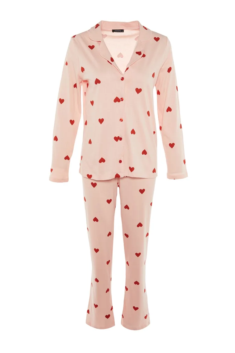 Pink 100% Cotton Heart Patterned Shirt-Pants Knitted Pajamas Set - 7