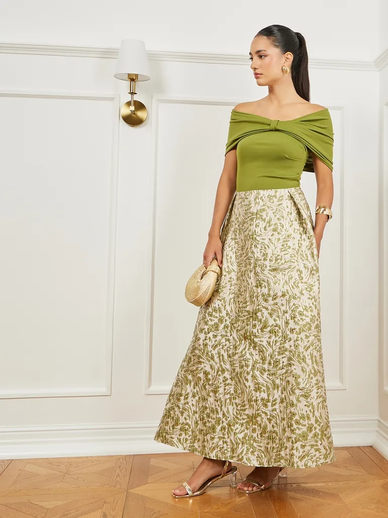Green Jacquard Off-Shoulder A-Line Maxi Dress - 1