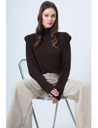 Women's Bitter Brown Half Turtleneck Shoulder Pad Pack Blouse - 1