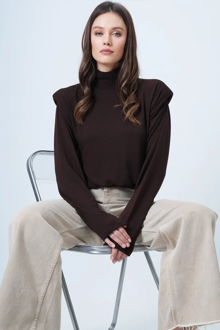 Women's Bitter Brown Half Turtleneck Shoulder Pad Pack Blouse