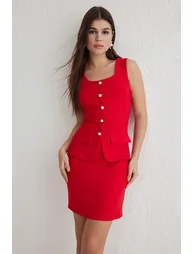 Red Straight A-Line Buttoned Mini Woven Dress - 1