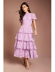 Tiered Lace Dress With Flutter Sleeve & Trims