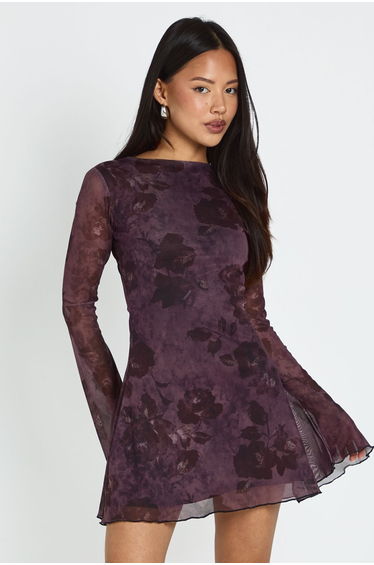 Petite Floral Animal Mix Mesh Flare Sleeve Mini Dress - plum product thumbnail 3