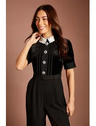 Velvet Bodice Crepe Trouser Jumpsuit With Contrast Collar - 1