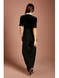 Velvet Bodice Crepe Trouser Jumpsuit With Contrast Collar - 2