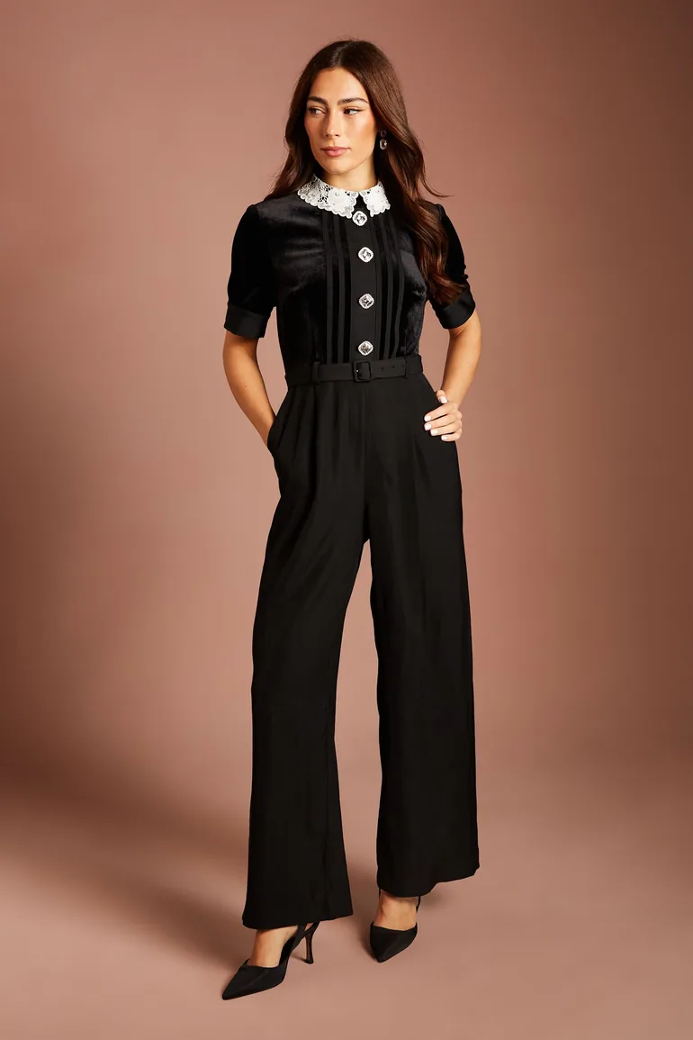 Velvet Bodice Crepe Trouser Jumpsuit With Contrast Collar