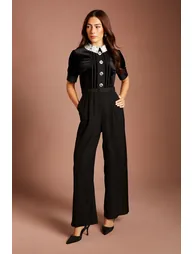 Velvet Bodice Crepe Trouser Jumpsuit With Contrast Collar