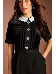 Velvet Bodice Crepe Trouser Jumpsuit With Contrast Collar - 3
