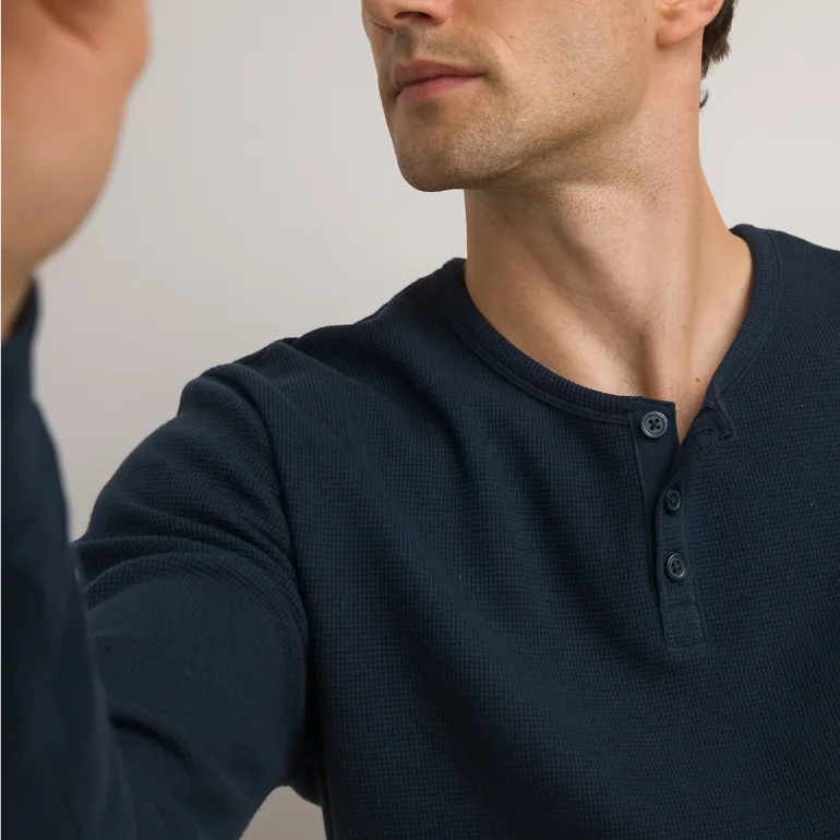 Cotton Grandad Collar T-Shirt with Long Sleeves - 3
