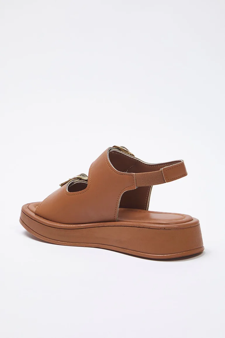 Tan Double Buckled Women's Thick Sole Sandals - 3
