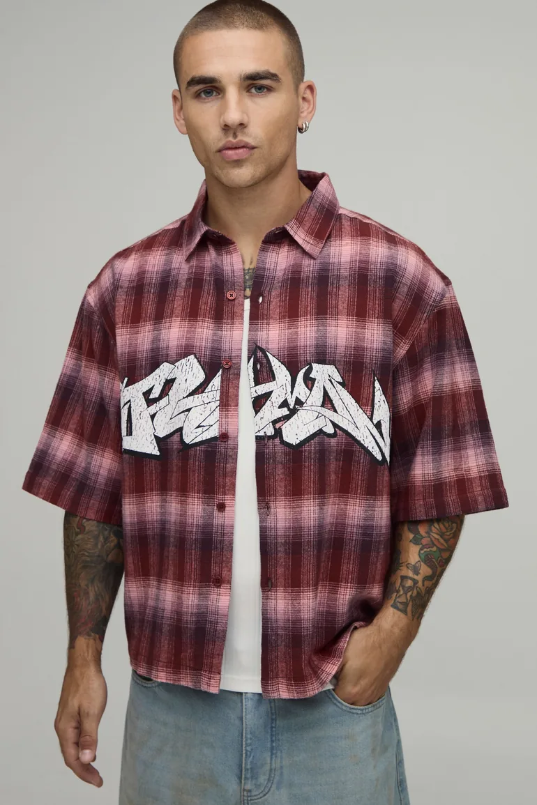 Oversized Boxy Half Sleeve Graffiti Print Check Shirt - brown