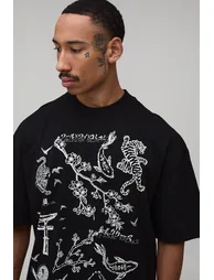 Black Oversized Tiger Doodle Print T-Shirt - black - 3