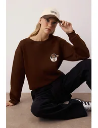 Brown Thick Fleece Crew Neck Bear Embroidered Regular Cut Knitted Sweatshirt - 1