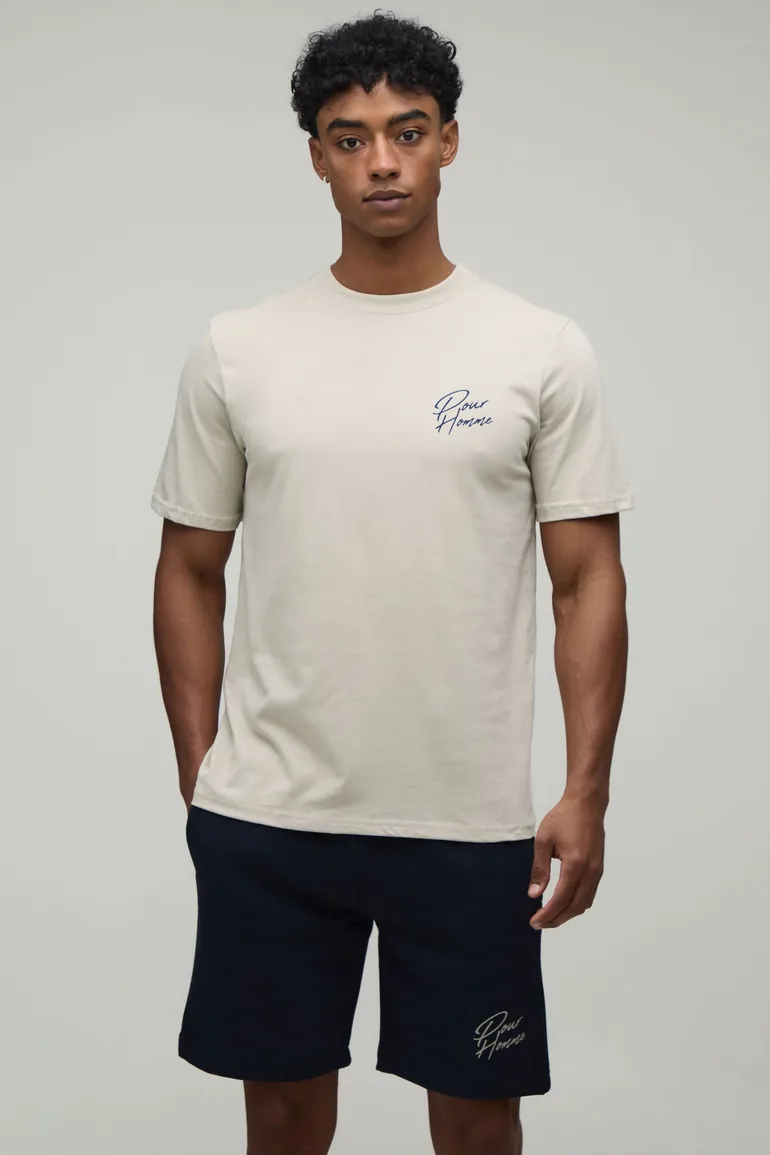 Regular Fit Palm Print T-Shirt & Short Set - stone - 3