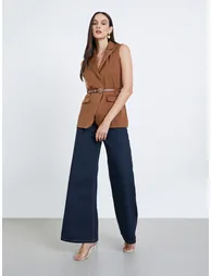 Solid Notch Label Neck Waistcoat with Belt - 1