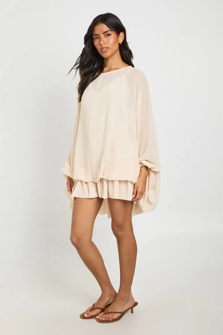 Chiffon Cami Overlay Blouson Skater Dress - sand - 2