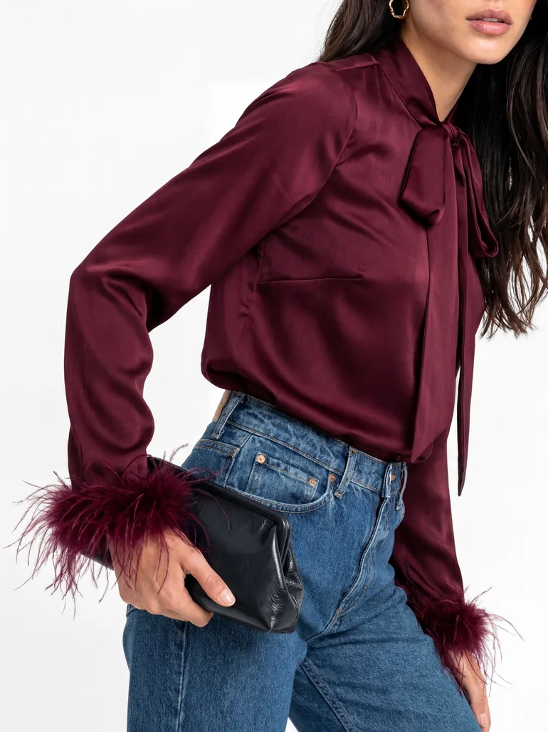 Lovedrobe Berry Pussybow Collar & Feather Cuffs Satin Blouse - 3