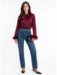 Lovedrobe Berry Pussybow Collar & Feather Cuffs Satin Blouse