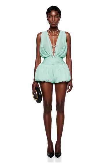 Hacer Green Ruched Mini Dress with Bow Detail
