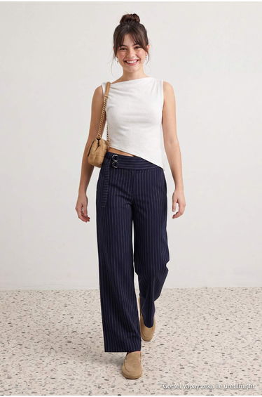 Navy Blue Thick Belted Striped Wide Leg Pants product thumbnail 3