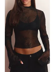 Black Sheer Lace High Neck Top - 3