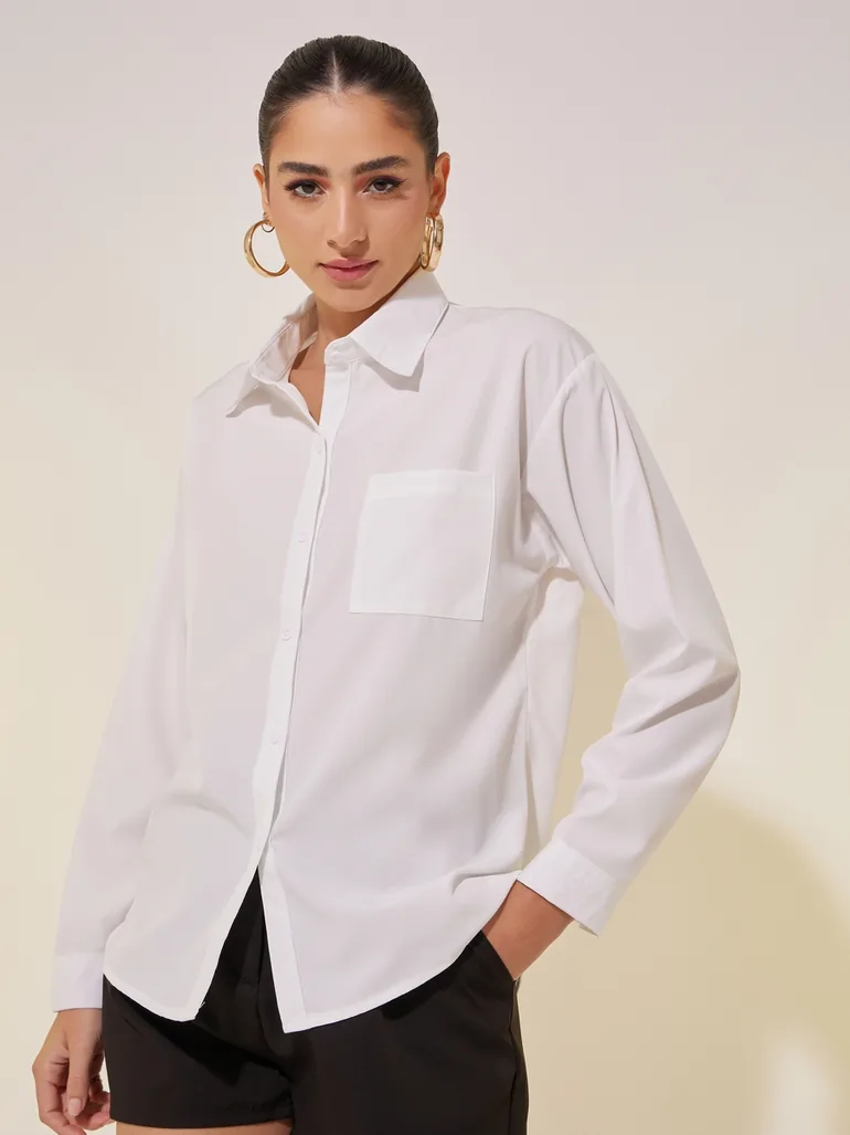 Solid Pocket Detail Oversize Shirt - 2