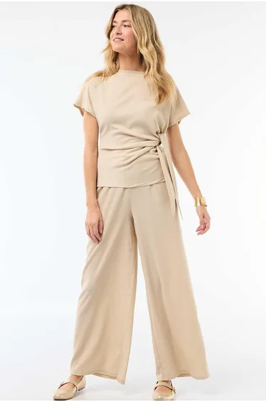 Wide-Leg Crêpe Trousers with 2 Pockets BEIGE