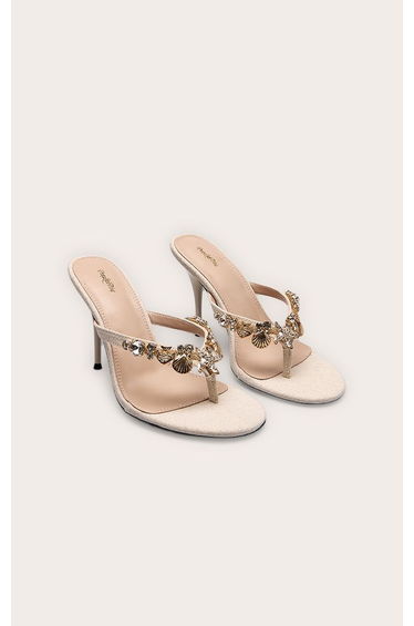 Natural Linen Charm Trim Toe Thong Heeled Mules