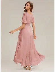 Short Sleeve Ruffle Round Neck High-Low Asymmetrical Bridesmaid Dresses - 1