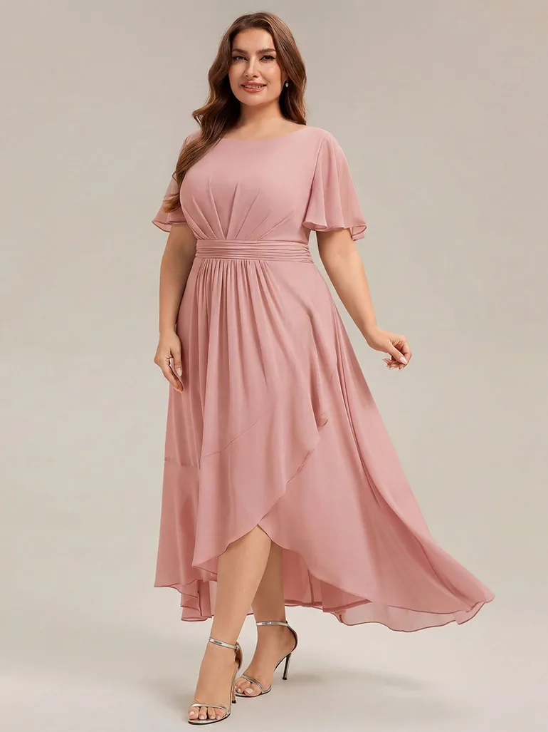 Short Sleeve Ruffle Round Neck High-Low Asymmetrical Bridesmaid Dresses - 8