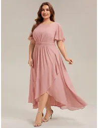 Short Sleeve Ruffle Round Neck High-Low Asymmetrical Bridesmaid Dresses - 8