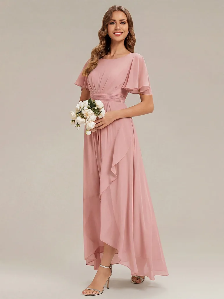 Short Sleeve Ruffle Round Neck High-Low Asymmetrical Bridesmaid Dresses - 3
