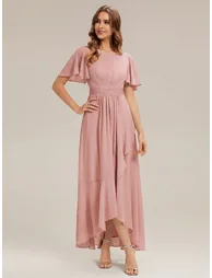 Short Sleeve Ruffle Round Neck High-Low Asymmetrical Bridesmaid Dresses - 4