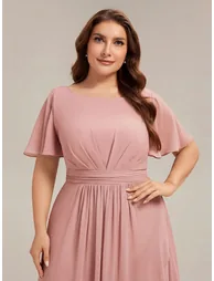 Short Sleeve Ruffle Round Neck High-Low Asymmetrical Bridesmaid Dresses - 7
