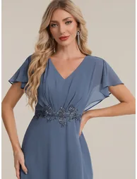 Short-Sleeve Chiffon Appliqué High-Low Evening Dress - 4