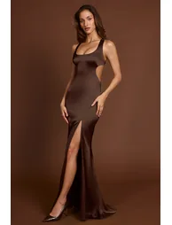 Scoop-Neck Lace-up Back Maxi Dress in Chocolate Brown - 6