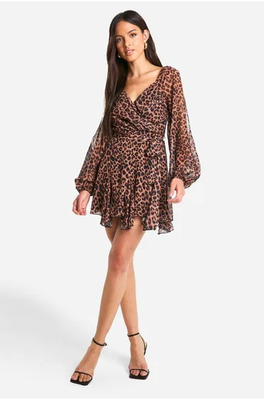 Leopard Chiffon Lace Back Puff Sleeve Wrap Skater Dress - brown