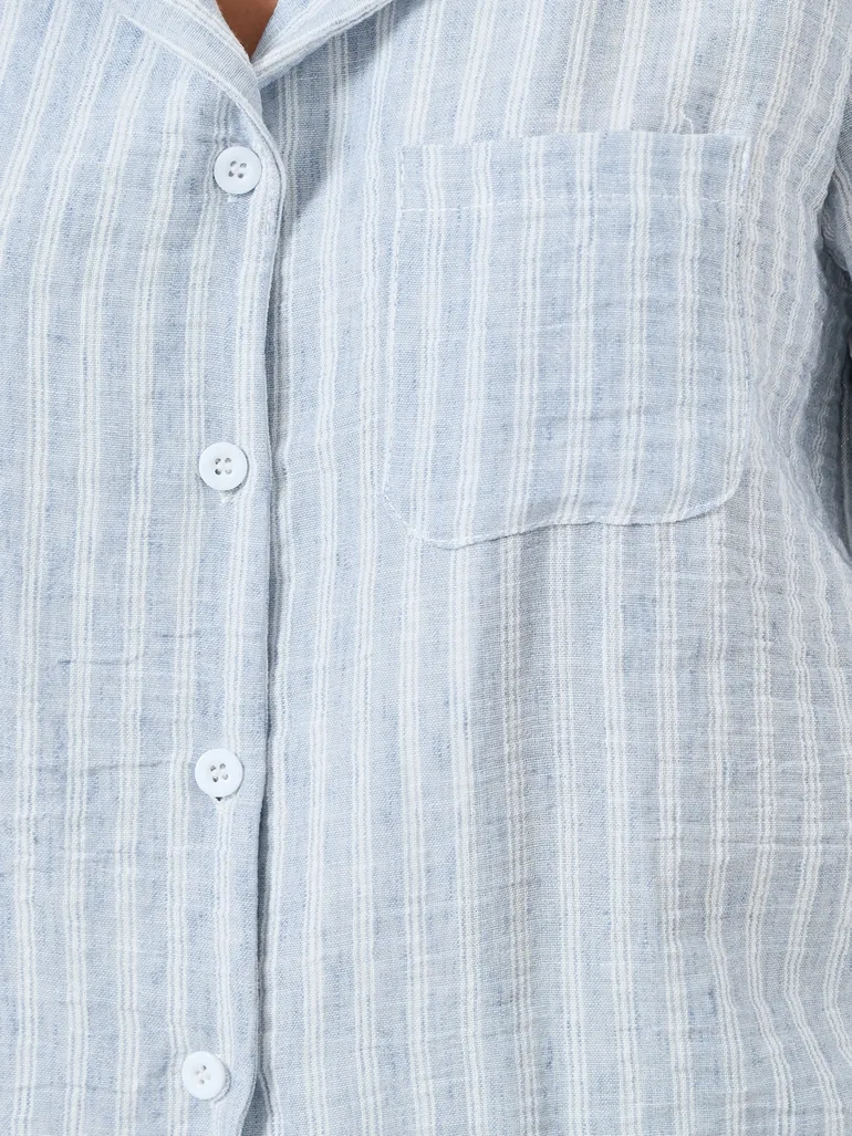 Woven Linen Look Striped Shirt and Pyjama Set - 3