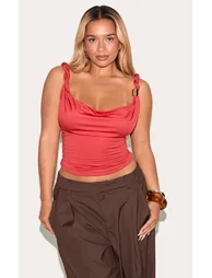 Shape Red Cowl Neck Twisted Gold Trim Strap Top