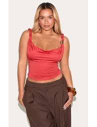 Shape Red Cowl Neck Twisted Gold Trim Strap Top - 5