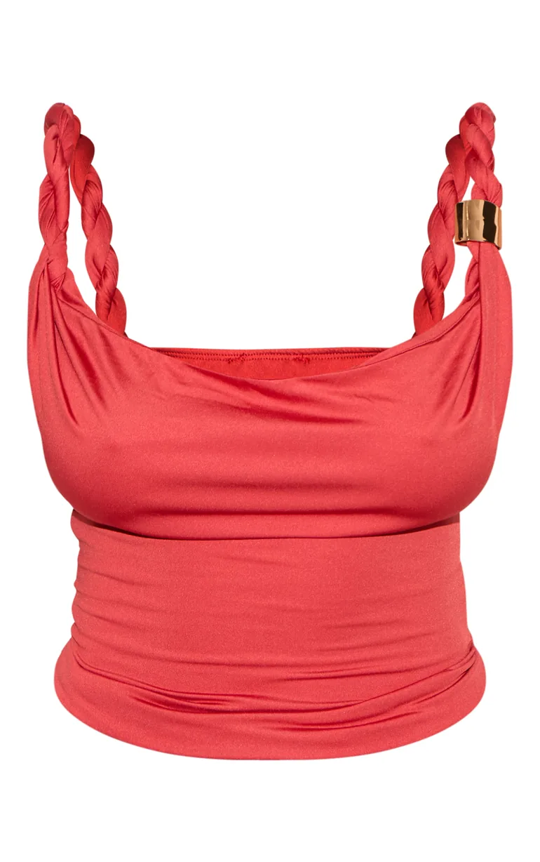 Shape Red Cowl Neck Twisted Gold Trim Strap Top - 4